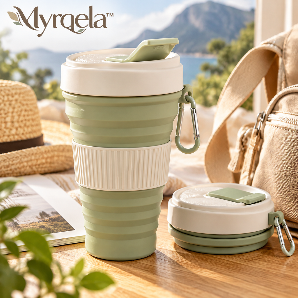 Myrqela™ Collapsible Travel Cup – Portable Silicone Coffee Cup with Leak-Proof Lid