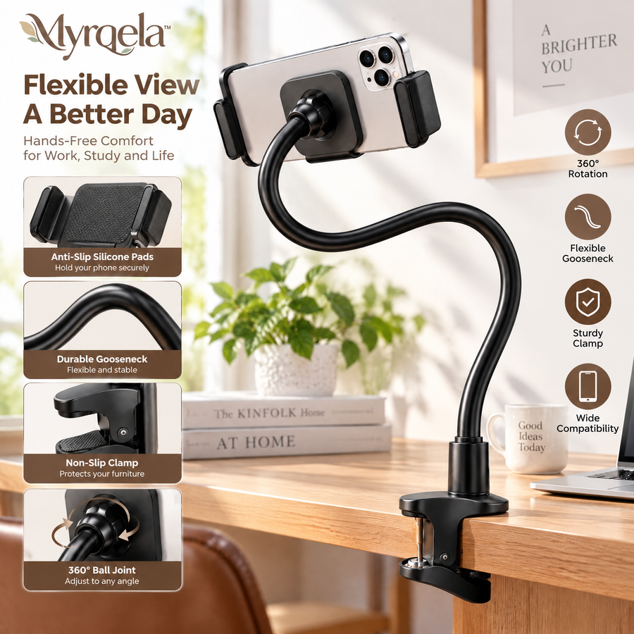 Myrqela™ Flexible Phone Holder – Adjustable Gooseneck Stand with Secure Clamp