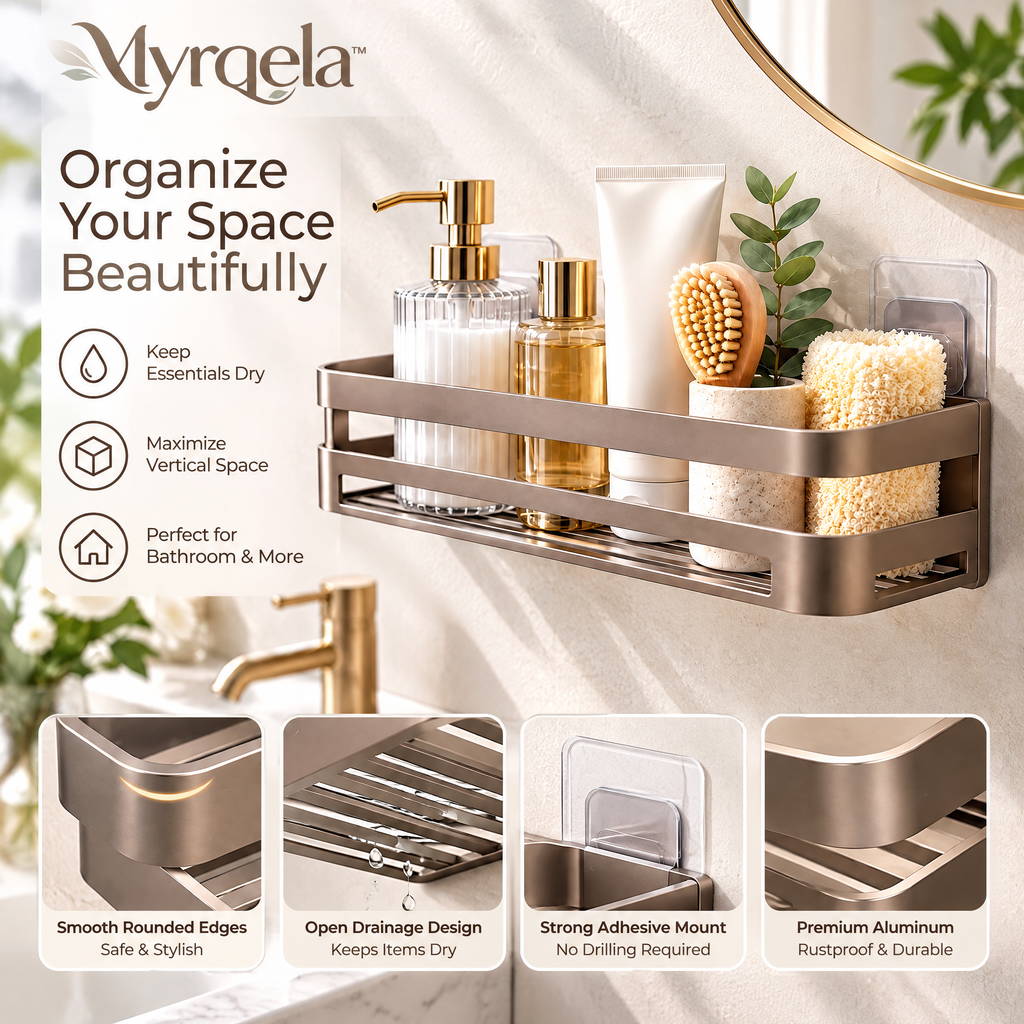 Myrqela™ Adhesive Bathroom Shelf – Premium Aluminum Shower Organizer with Drainage Design