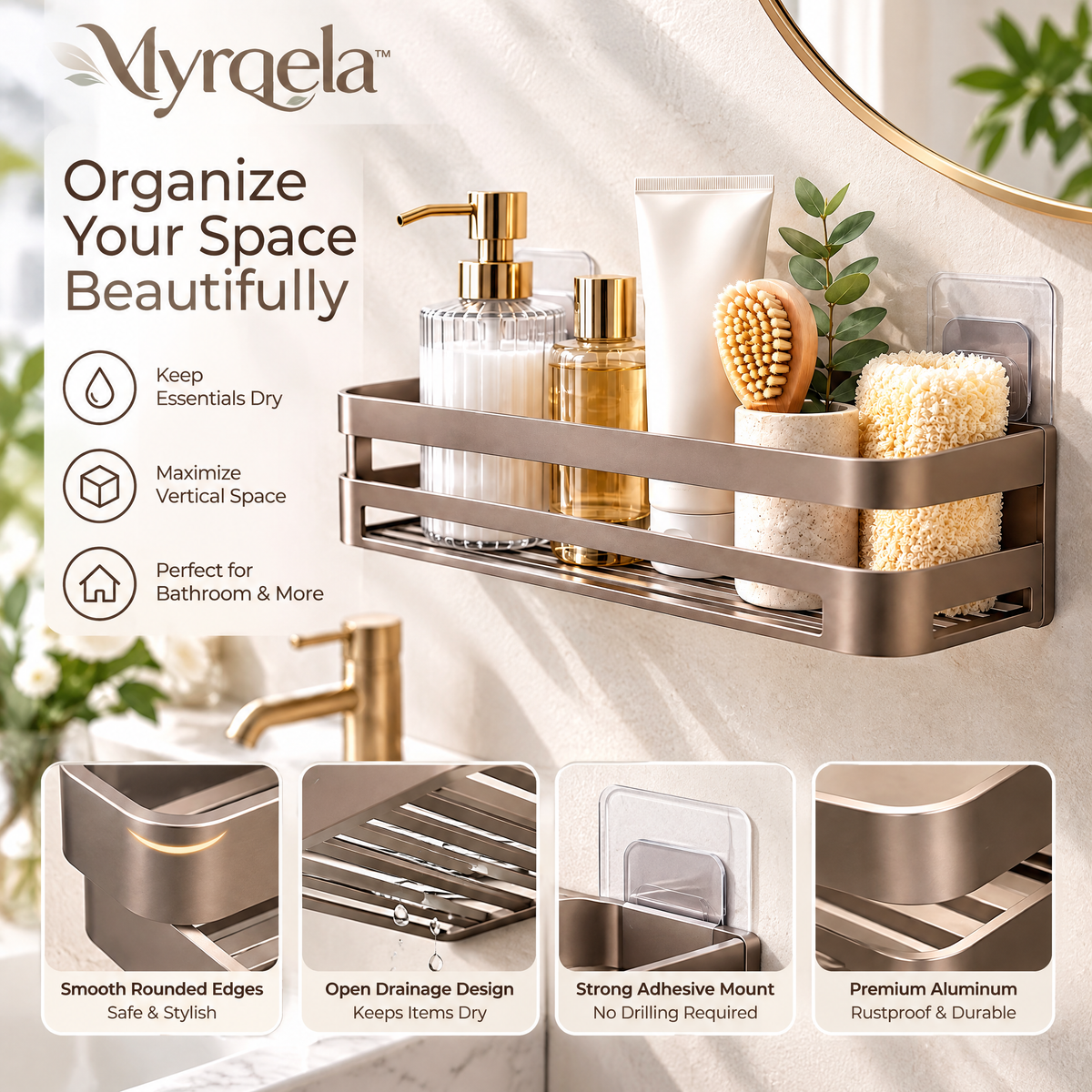 Myrqela™ Adhesive Bathroom Shelf – Premium Aluminum Shower Organizer with Drainage Design