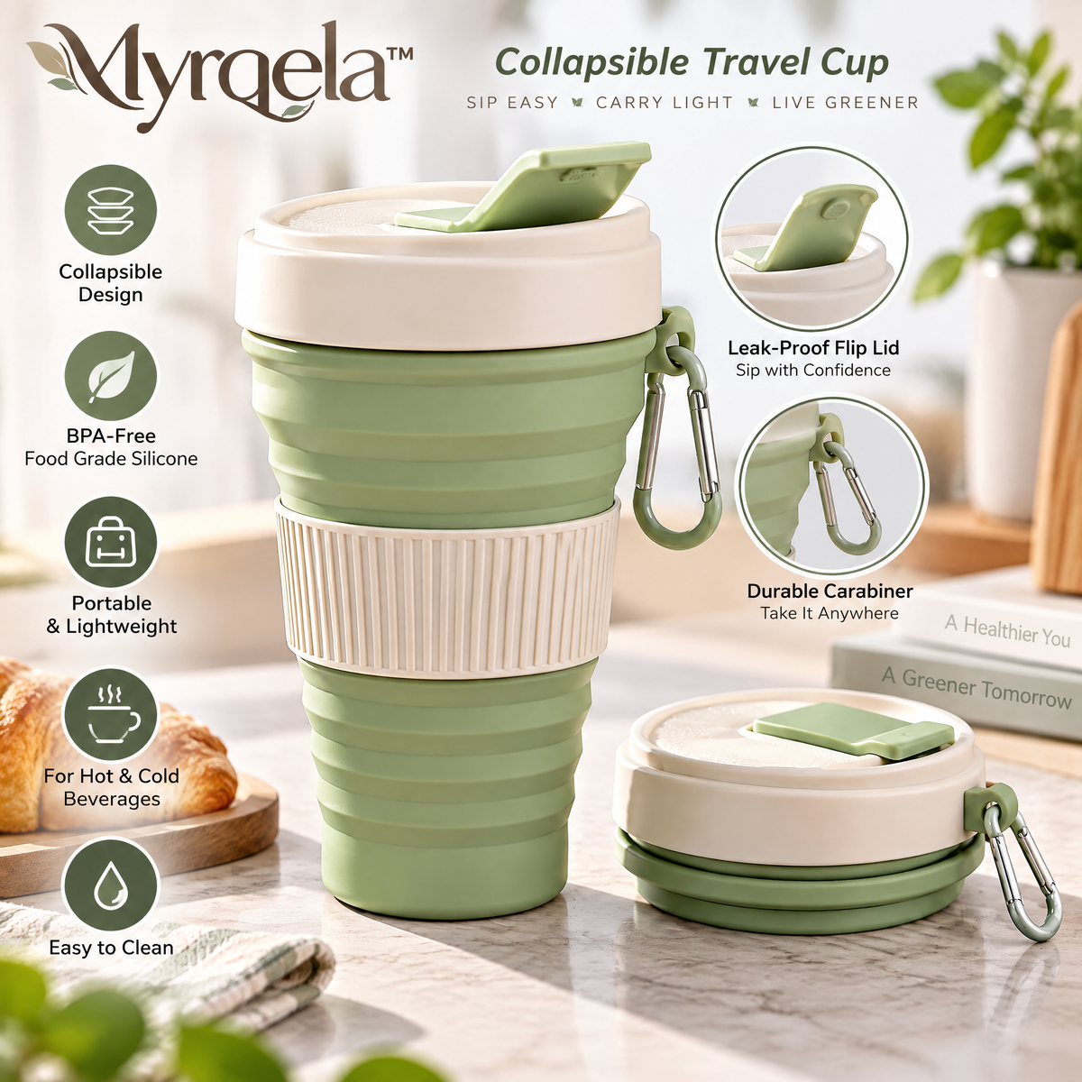 Myrqela™ Collapsible Travel Cup – Portable Silicone Coffee Cup with Leak-Proof Lid
