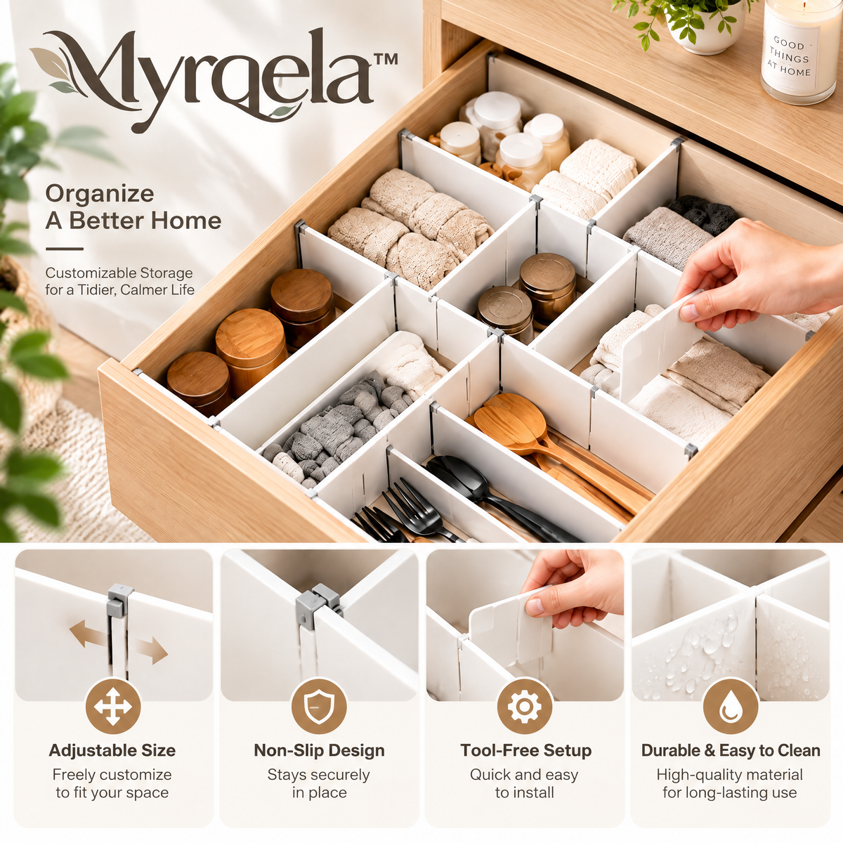 Myrqela™ Adjustable Drawer Organizer – Customizable Storage Divider System