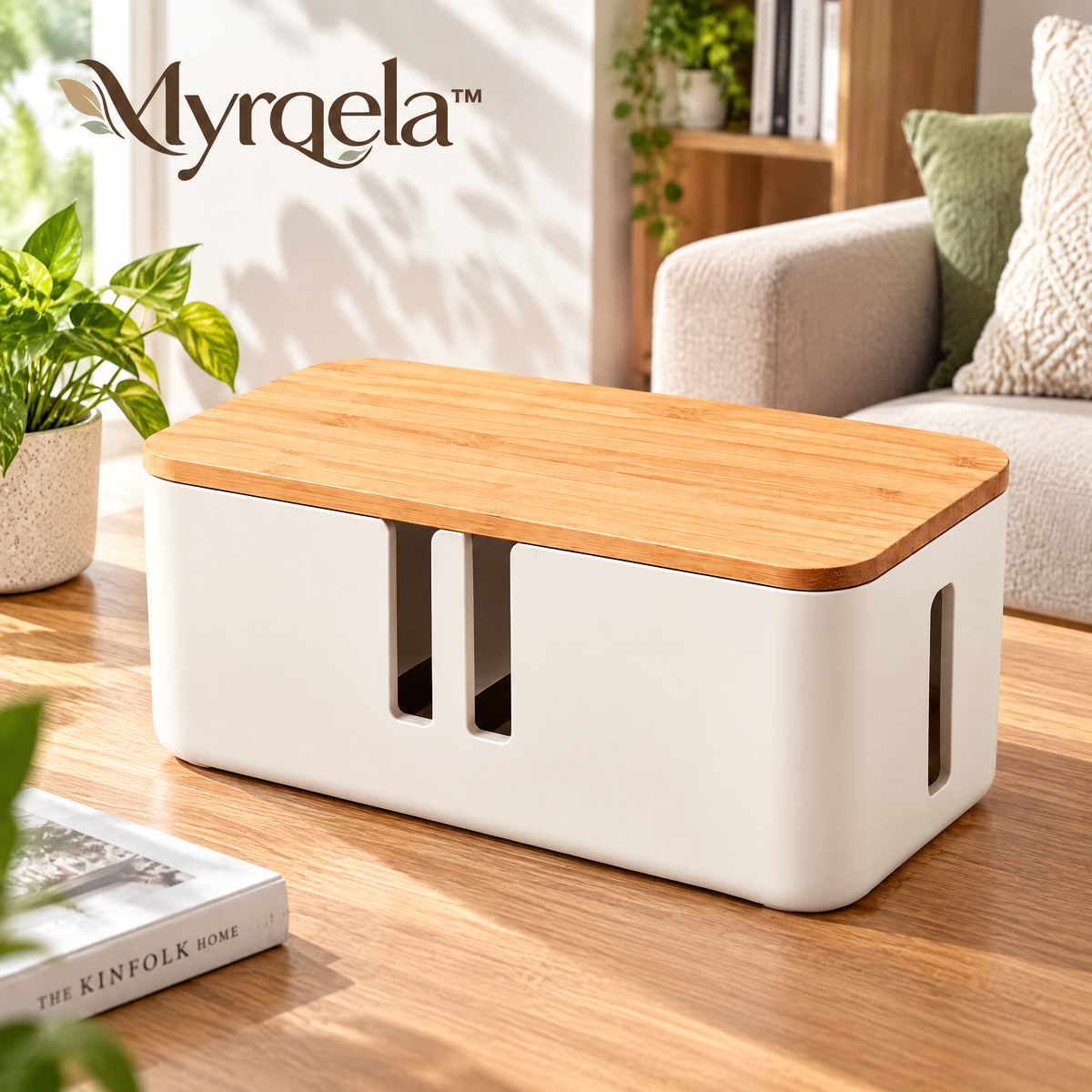 Myrqela™ Cable Management Box – Modern Desktop Wire Organizer with Bamboo Lid