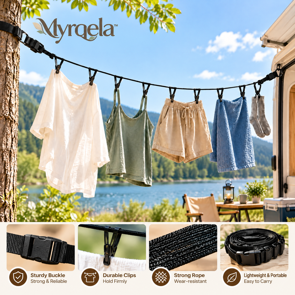 Myrqela™ Portable Travel Clothesline – Adjustable Outdoor Drying Rope with Durable Clips