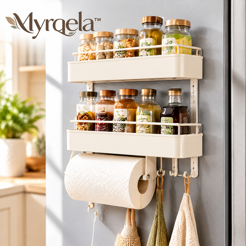 Myrqela™ Wall Mounted Kitchen Organizer – Space-Saving Storage Rack with Hooks & Paper Towel Holder
