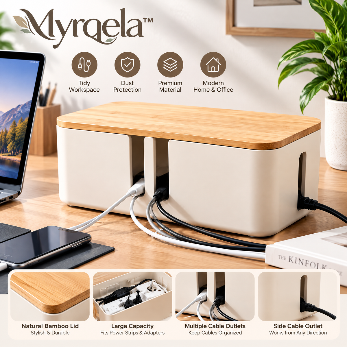 Myrqela™ Cable Management Box – Modern Desktop Wire Organizer with Bamboo Lid