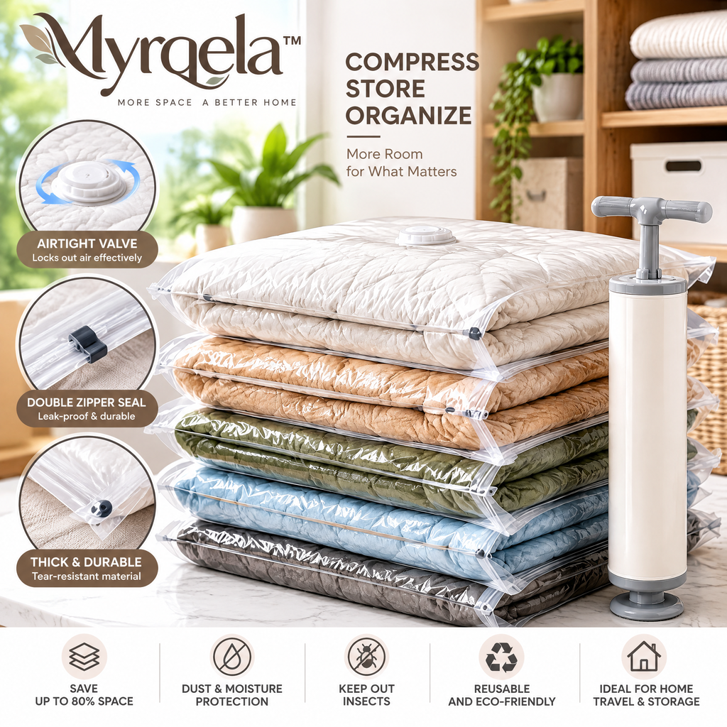 Myrqela™ Vacuum Storage Bags – Space Saving Compression Bags with Hand Pump