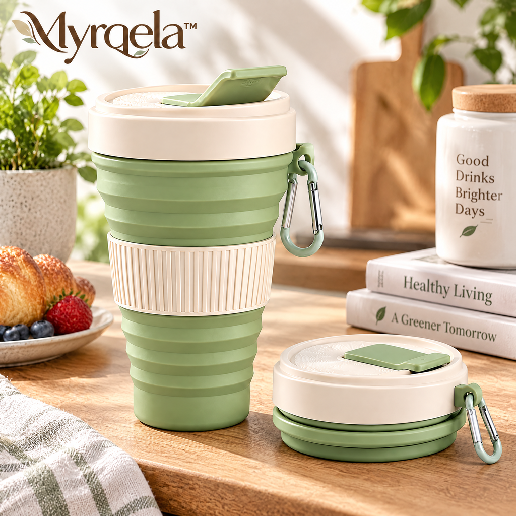 Myrqela™ Collapsible Travel Cup – Portable Silicone Coffee Cup with Leak-Proof Lid