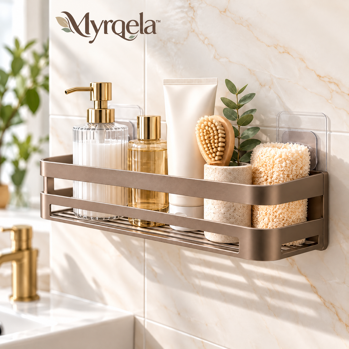 Myrqela™ Adhesive Bathroom Shelf – Premium Aluminum Shower Organizer with Drainage Design