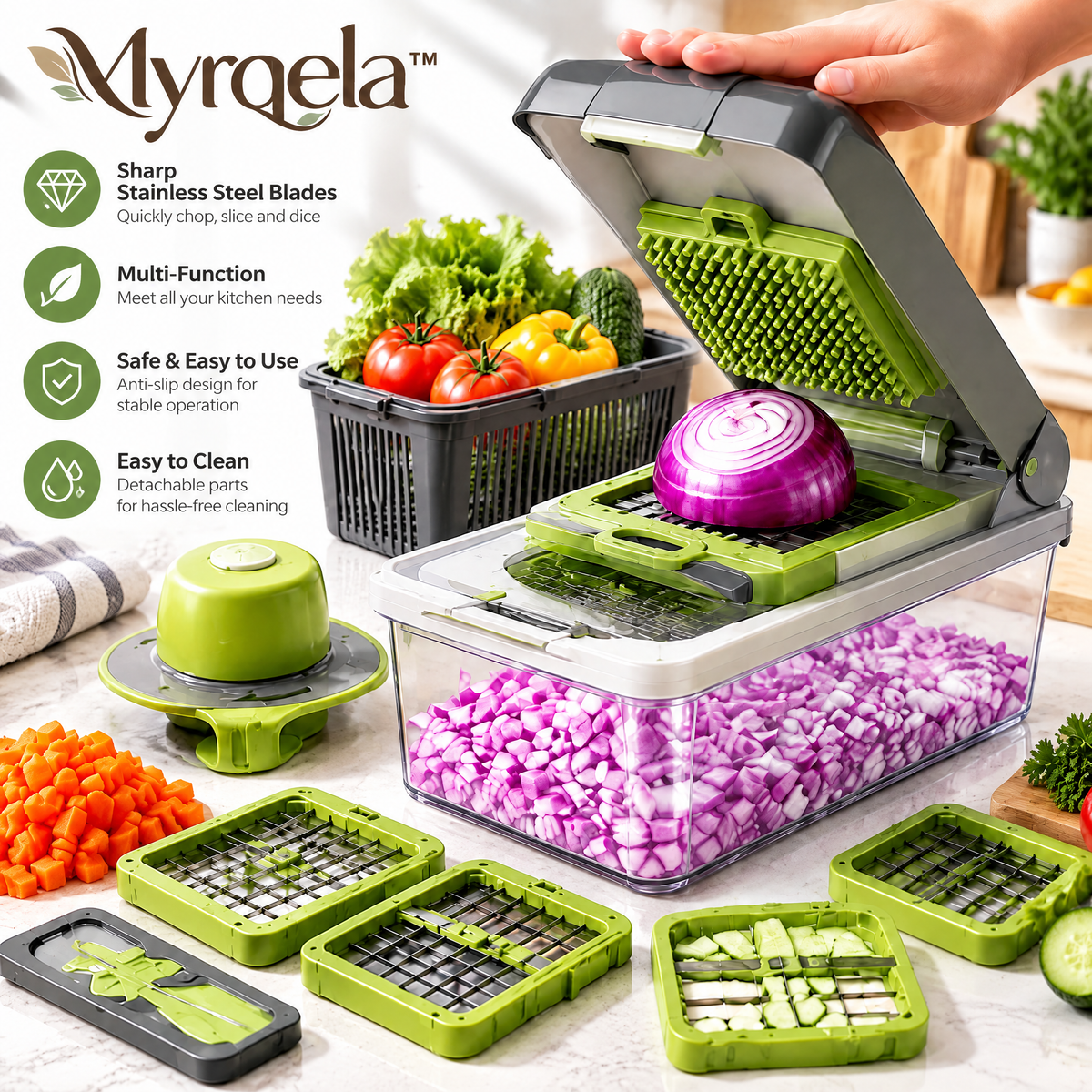 Myrqela™ Multi-Function Vegetable Chopper – Easy Food Prep Cutter with Stainless Steel Blades