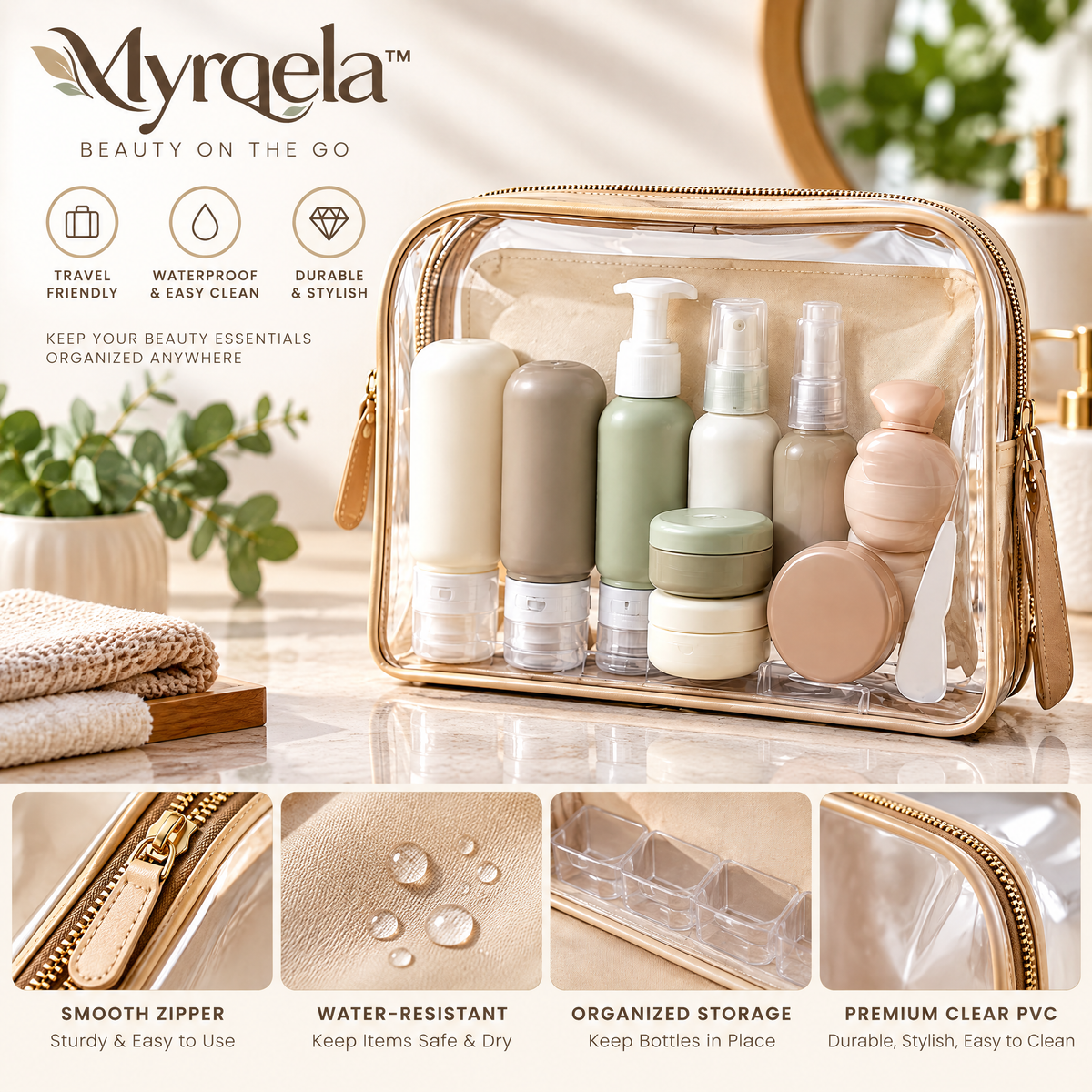 Myrqela™ Clear Travel Cosmetic Bag – Waterproof Makeup Organizer with Premium Storage Design