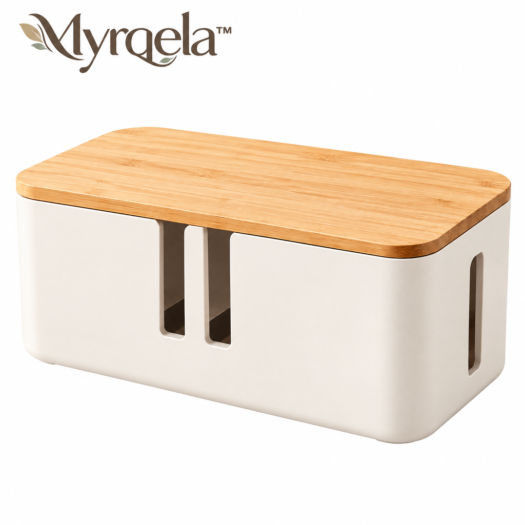 Myrqela™ Cable Management Box – Modern Desktop Wire Organizer with Bamboo Lid