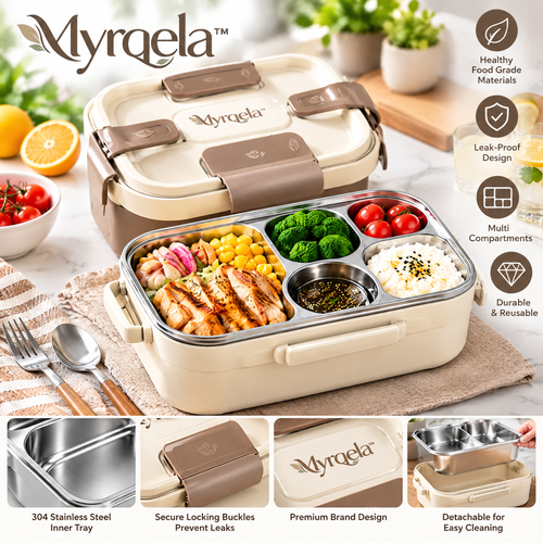 Myrqela™ Stainless Steel Lunch Box – Leak-Proof Bento Food Container with Multiple Compartments