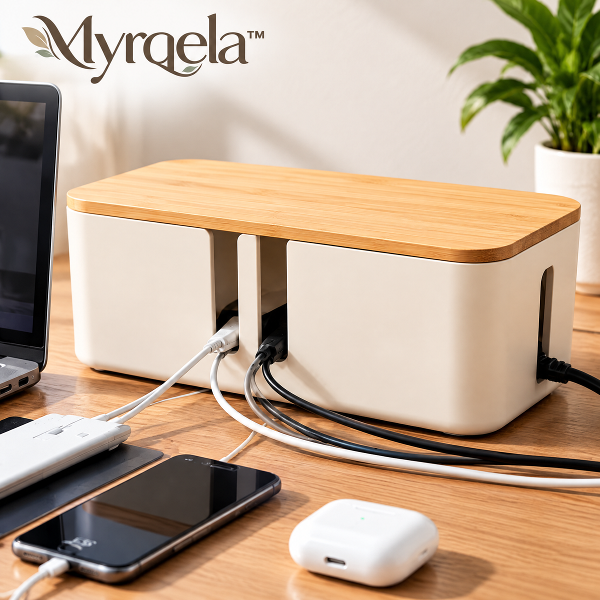 Myrqela™ Cable Management Box – Modern Desktop Wire Organizer with Bamboo Lid