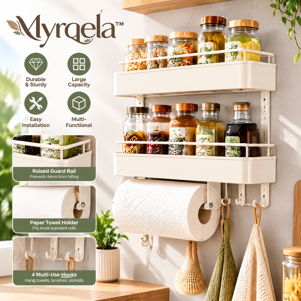 Myrqela™ Wall Mounted Kitchen Organizer – Space-Saving Storage Rack with Hooks & Paper Towel Holder