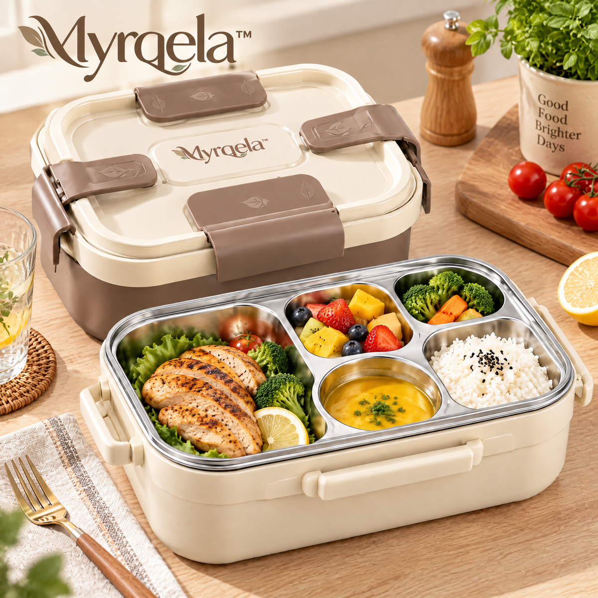 Myrqela™ Stainless Steel Lunch Box – Leak-Proof Bento Food Container with Multiple Compartments