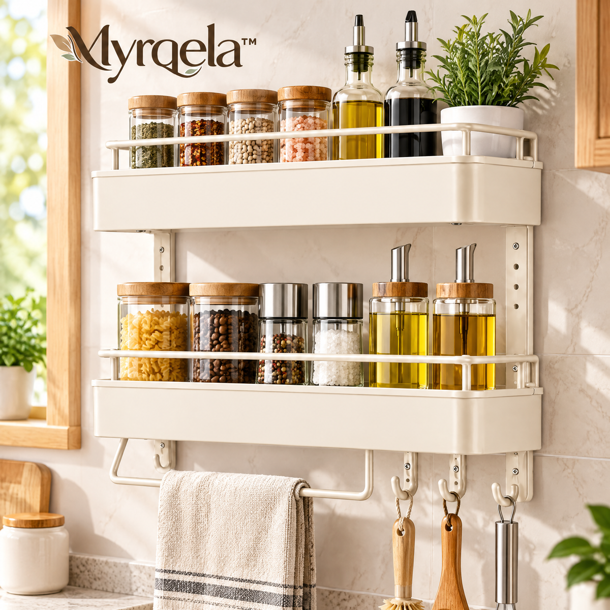 Myrqela™ Wall Mounted Kitchen Organizer – Space-Saving Storage Rack with Hooks & Paper Towel Holder